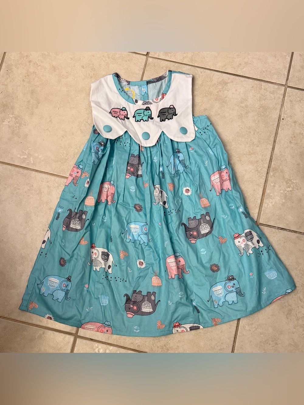 Heirloom CollectionToddler Teal Elephant Print Dress with White Scalloped Collar